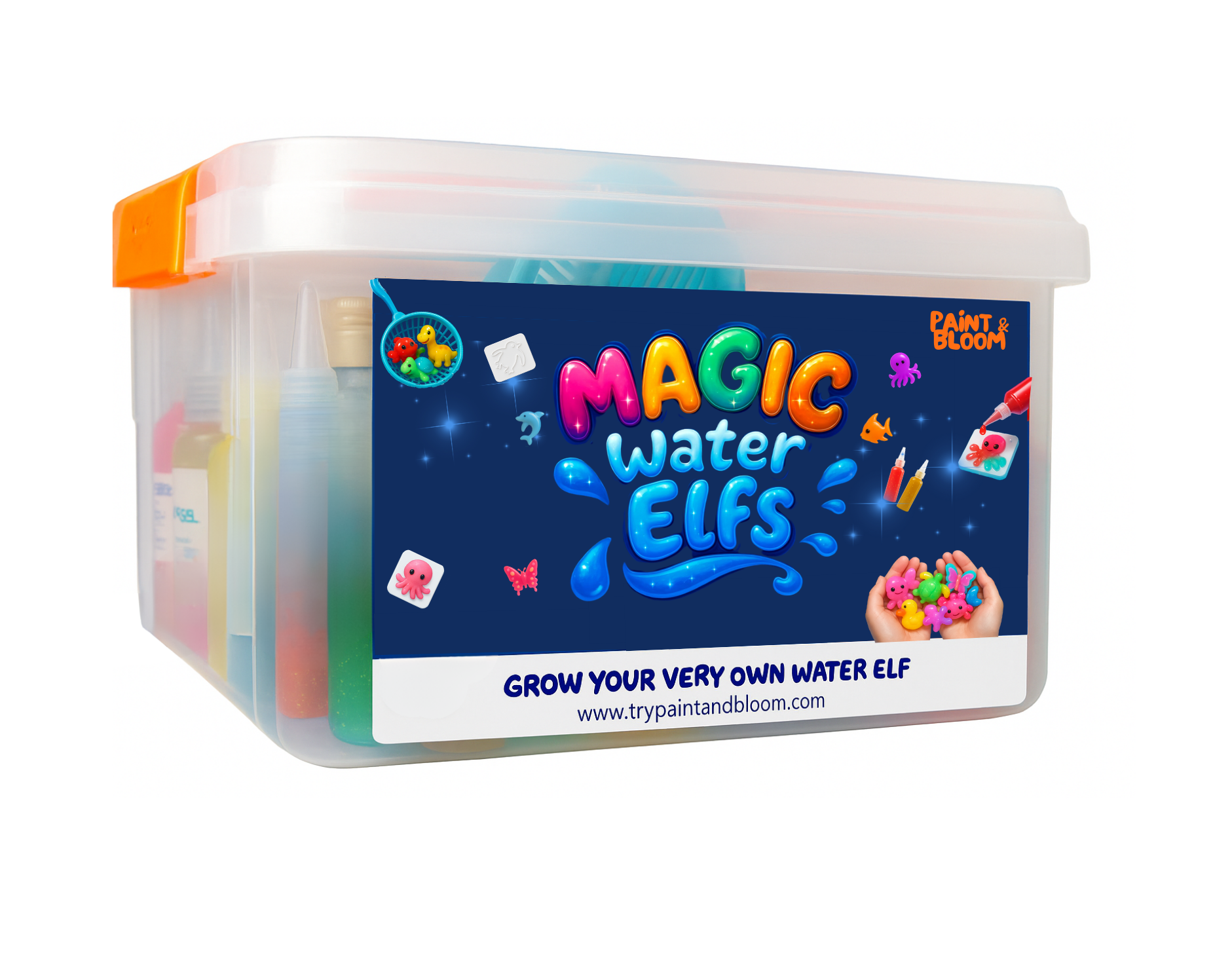 Container of Magic Water Elves with colorful packaging on a white background-fr-de-nl-es-da-it-ar-cl-co-cr-ec-mx-pa-pe-uy-us